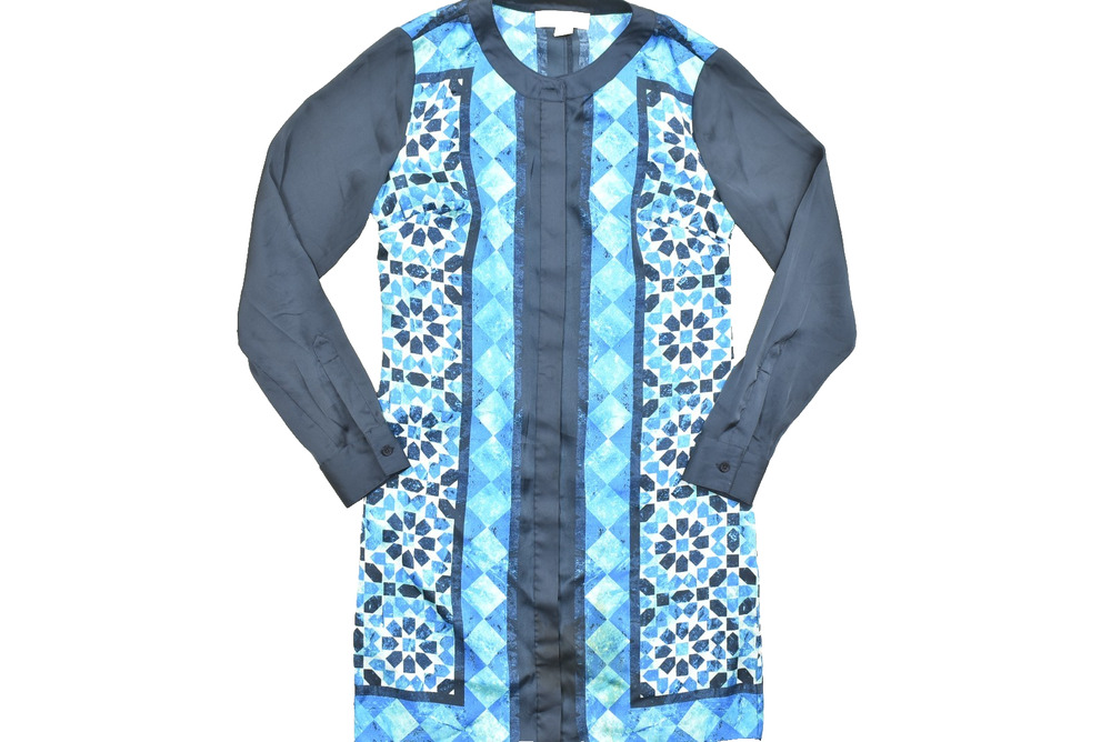 Michael Kors Women's Dress Blue Geometric Print Roll Tab Sleeves Size XS